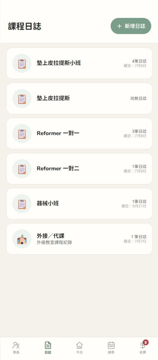 課程日誌:依課程查看日誌筆數與最近紀錄。